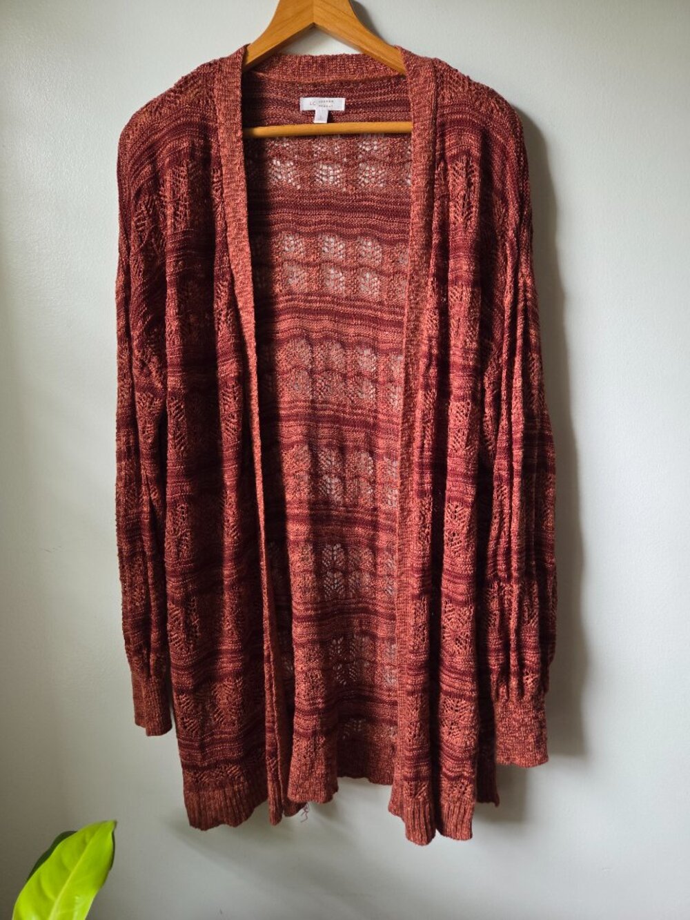 EUC LIKE NEW LAUREN CONRAD RUST CROCHET / KNIT LONGLINE CARDIGAN SIZE L